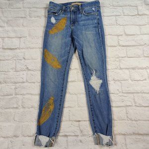 Upcycled Joes Womens distressed custom OOAK skinny jeans blue gold feather Sz 25